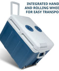 Top Notch 48 Quart Electric Cooler And Warmer With Wheels Grab And Go Thermoelectric Portable Fridge features integrated handle and wheels.