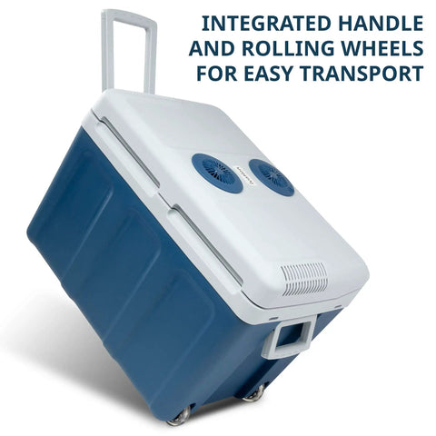 Top Notch 48 Quart Electric Cooler And Warmer With Wheels Grab And Go Thermoelectric Portable Fridge features integrated handle and wheels.