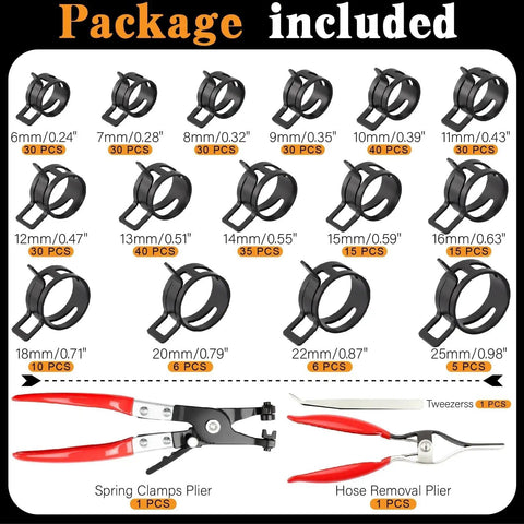 Pro Grade Spring Hose Clamp Kit 355 Piece Set With Swivel Flat Nose Pliers And Removal Tool for various clamp sizes and tools.