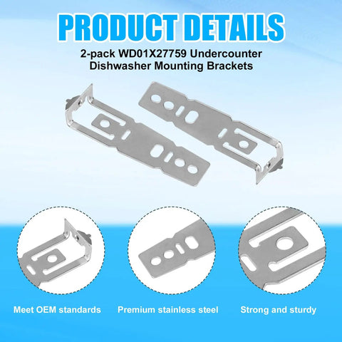 Solid Rock Dishwasher Mounting Brackets 2 Piece No Sweat Heavy Duty Retainer Clips For Quartz Countertops and Under Cabinet Walls Simple Setup Lockdown Kit Compatible With Standard Appliance Sizes, stainless steel brackets with holes for mounting.