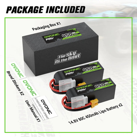 4S 14.8V 80C 450mAh LiPo Battery Long Size with XT30 Plug Two Pack for RC Cars, Drones, Airplanes