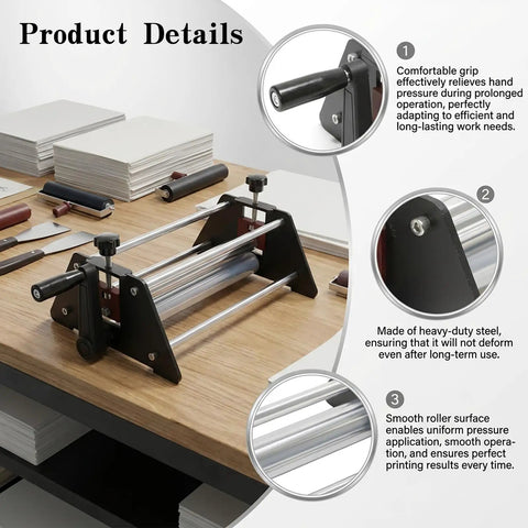 Versatile Printing Press For Etching Embossing And Block Printing With Felt Base Plate And 360 Degree Ergonomic Design on desk