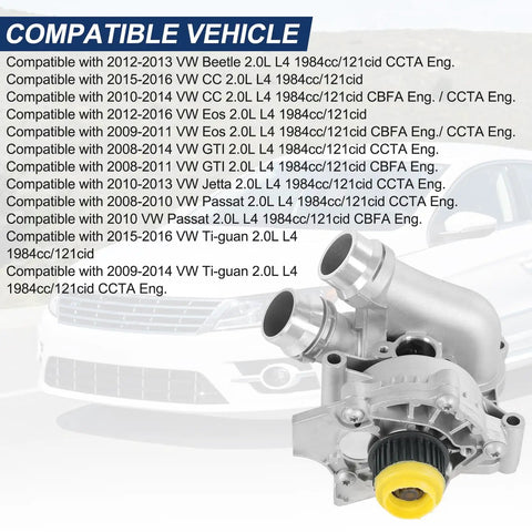 Beefed Up Aluminum Electric Water Pump For 2.0T Audi VW Engines 2008 To 2016 shown with application list