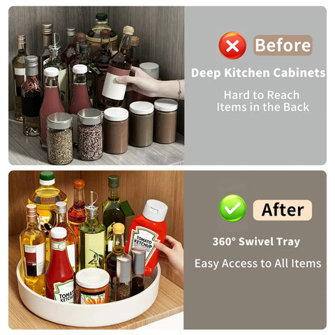 Boost Your Pantry Game With This 11 8 Inch Lazy Susan Turntable Game Changer Featuring Smooth 360 Degree Spin Non Slip Base Raised Lip For Kitchen Spice Rack Cabinet Fridge Countertop Storage Setup showing before and after pantry organization.