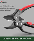 Side view of Ratchet Pruning Shears showing dual-sided blade and ergonomic grip, ideal for trimming roses and trees, 3x cutting power.