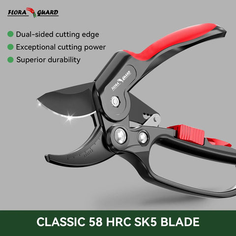 Side view of Ratchet Pruning Shears showing dual-sided blade and ergonomic grip, ideal for trimming roses and trees, 3x cutting power.