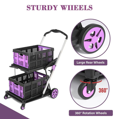 Collapsible Shopping Cart On Wheels Folding Utility Cart with purple crates showing 360 degree swivel wheels for easy movement