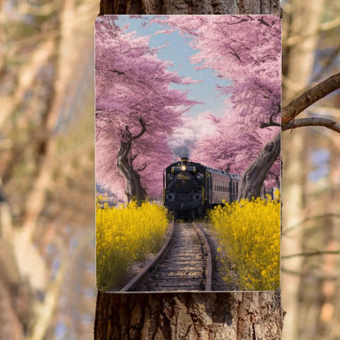 Vintage Steam Train Tin Sign With Cherry Blossom Tunnel And Yellow Wildflowers, 8x12 Inch Metal Plaque on tree, outdoor decor