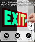 Glow In The Dark Emergency Exit Signs 2 Pack Photoluminescent Vinyl For 50 Feet Visibility No Wiring Needed Flexible Arrows System For Easy Setup Lets You Show Clear Safe Path In Any Hallway Or Stairwell. exit sign on wall with adhesive backing