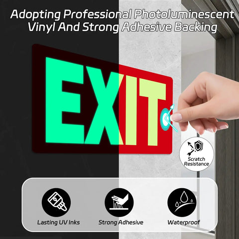 Glow In The Dark Emergency Exit Signs 2 Pack Photoluminescent Vinyl For 50 Feet Visibility No Wiring Needed Flexible Arrows System For Easy Setup Lets You Show Clear Safe Path In Any Hallway Or Stairwell. exit sign on wall with adhesive backing
