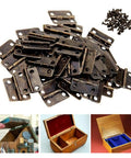 Set Of 10 Mini Vintage Rectangle Hinges For Wooden Boxes And Cabinets With Screws Iron Bronze Coated Hardware That Resists Rust Easy To Install