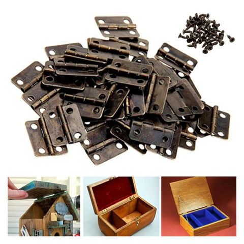 Set Of 10 Mini Vintage Rectangle Hinges For Wooden Boxes And Cabinets With Screws Iron Bronze Coated Hardware That Resists Rust Easy To Install