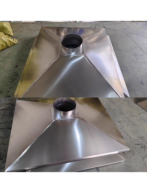 Heavy Duty Stainless Steel Fume Hood For Welding Smoke Extraction And Workshop Dust Collection Featuring 152Mm Pipe Fit top view showing the duct port.
