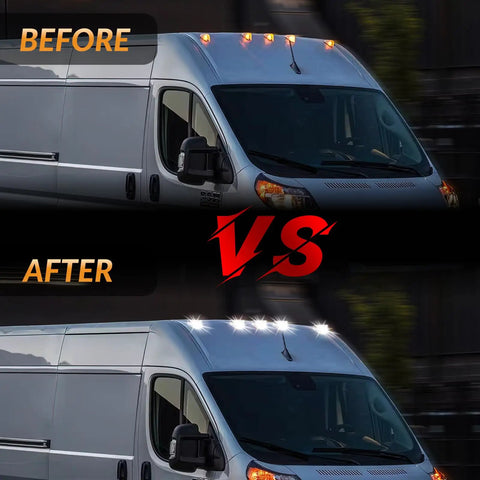 Comparison of Dodge Ram ProMaster Cab Roof Marker Lights White LED Clearance Running Lamps, 5 Pack with clear lenses installed