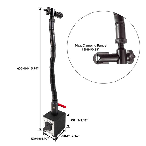 Front view of Indicator Holder With Magnetic Base Stand, Aluminum Strut, Steel Arm for Dial and Test Indicators, Pro Grade 176 lbs