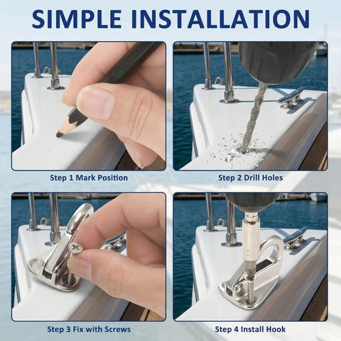 Step-by-step installation of Six Pack Boat Fender Hooks in 316 Stainless Steel on boat railing with drill and screws.