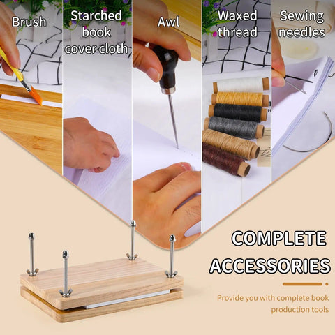 All In One Book Binding Kit With Press And Wooden Binding Press Includes Book Cloth Book Cover Boards Bone Folders Awl Wax Thread Bind Straps And Ribbons accessories showing tools and materials for DIY craft.