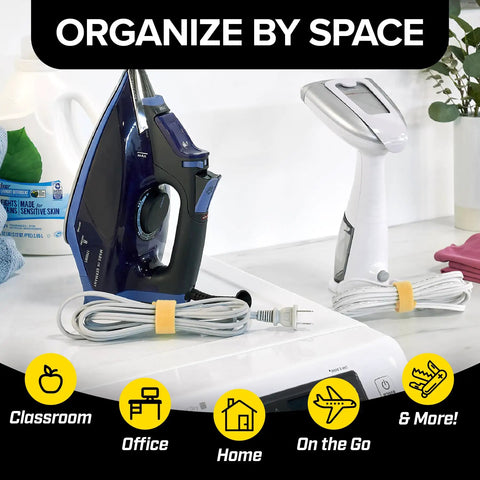 Macaron 40 Pack Self Gripping Cable Ties securing cords on an iron and steamer, promoting desk organization and cable management.