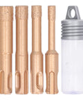 Top Tier Brazed Hole Saw Kit 4 Piece Tile Glass Marble Granite Hole Opener Heavy Duty Shank Drill Bits For Tough Hard Materials And Smooth Cutting Results, 4 gold bits and adapter