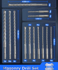 Rotary Hammer Drill Bits Set And Chisels SDS Plus For Concrete And Masonry Holes 17 Pieces With Durable Storage Case Carbide Tipped Pro Grade For Heavy Duty Drilling, showing various sizes with measurements in inches.