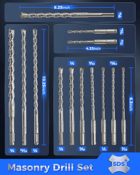 Rotary Hammer Drill Bits Set And Chisels SDS Plus For Concrete And Masonry Holes 17 Pieces With Durable Storage Case Carbide Tipped Pro Grade For Heavy Duty Drilling, showing various sizes with measurements in inches.