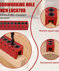 Pro Grade Drill Guide And Doweling Jig For Straight Holes With Perpendicular Entry Self Centering Drill Block, red multi-hole aluminum tool on wood.