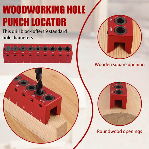 Pro Grade Drill Guide And Doweling Jig For Straight Holes With Perpendicular Entry Self Centering Drill Block, red multi-hole aluminum tool on wood.