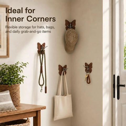2 Pack Rotating Adhesive Wall Hooks With Rugged Wood Grain Finish Flexible Swivel Sticky Design That Holds Its Ground Tough No Drill Stuff For Effortless Space Hacks And Smart Storage for corner use.