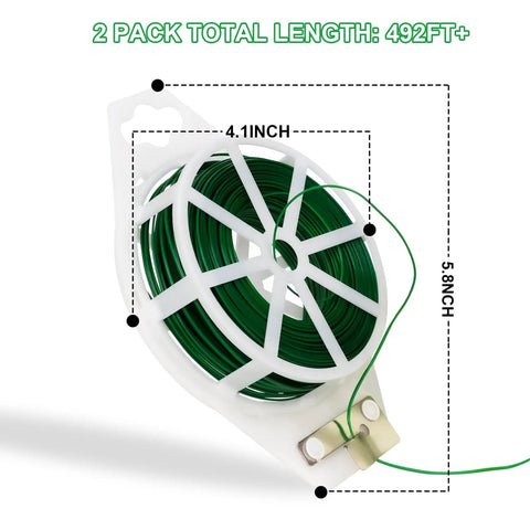 Two Pack 492Ft Garden Twist Ties With Built In Cutter No Fuss, Rustproof Green PVC Coated Plant Ties reel with dimensions