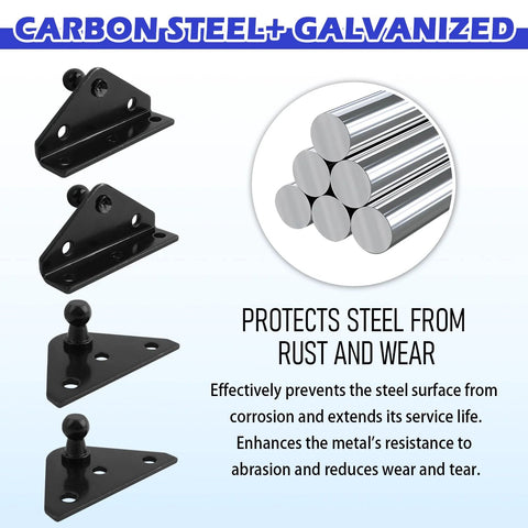 Front view: 4-pack black carbon steel ball-stud mounting brackets for gas struts, 10mm, with screw holes