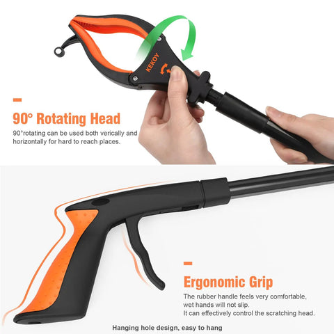 Two Pack 32 Inch Grabber Reacher Tool With Light For Easy Pickup Long Reach Trash Picker With 90 Degree Rotating Head Foldable Grab Tool Magnetic Claw Grip Orange Color Senior Friendly Helper