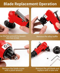 Pneumatic chamfering tool in red undergoing blade replacement with hex wrench and spare parts.