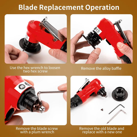 Pneumatic chamfering tool in red undergoing blade replacement with hex wrench and spare parts.