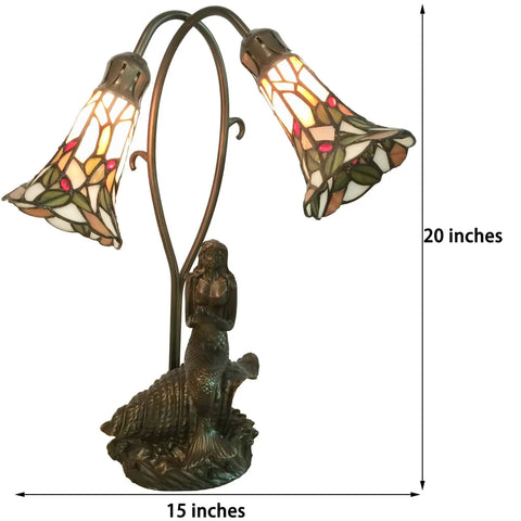Mermaid And Lily Flowers Tiffany Style Stained Glass Accent Table Lamp 20 Inch Tall Elegant Nightstand Light With Warm White Glow And Classic Vintage Charm E12 Bulbs Not Included