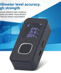 Handheld Laser Distance Meter With Aluminum Alloy Build, Dual Light Sensing Apertures, And Aspheric Focusing Mirror displayed showing digital readout.