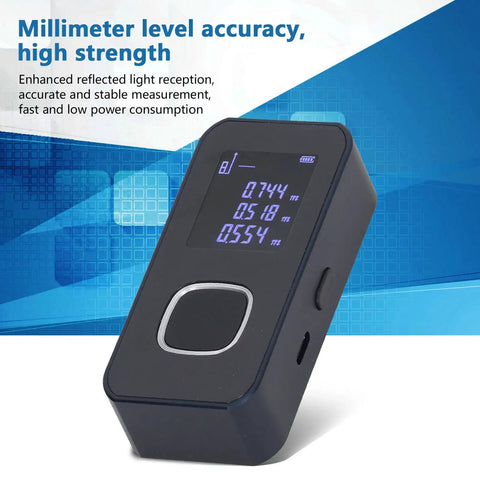 Handheld Laser Distance Meter With Aluminum Alloy Build, Dual Light Sensing Apertures, And Aspheric Focusing Mirror displayed showing digital readout.