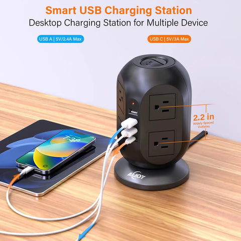 Flat Plug 12 In 1 Power Strip Tower With 8 AC Outlets 4 USB Ports 10 Ft Extension Cord Surge Protected on wooden desk