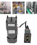 90W Variable Speed AC Gear Motor With 110V Single Phase Power 0-135 RPM Output 10K High Torque Includes Speed Controller And Gear Box Heavy Duty Industrial Electric Gear Reduction Reducer For Tough Automation And Machinery, shown with speed controller.