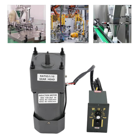 90W Variable Speed AC Gear Motor With 110V Single Phase Power 0-135 RPM Output 10K High Torque Includes Speed Controller And Gear Box Heavy Duty Industrial Electric Gear Reduction Reducer For Tough Automation And Machinery, shown with speed controller.
