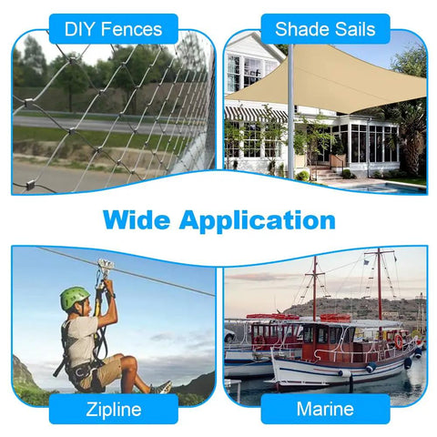 Collage of DIY fences, shade sails, zipline, and marine applications for Wire Rope Crimping Tool 25 Inch Go-To Heavy Duty Hand Swaging Tool.