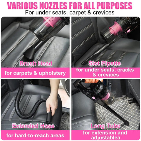 Cordless Car Vacuum Cleaner 8000Pa Powerful Suction with 17 piece cleaning kit attachments shown in use on car seats