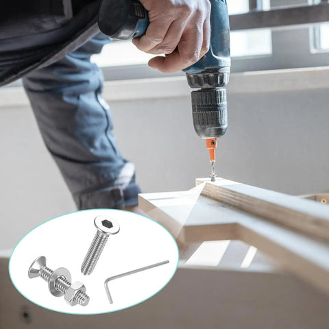 Man using a drill with 488 Piece M4 Screws Set With Bolts And Nuts Countersunk Hex Socket Flat Head Screws Machine Bolts And Nuts Assortment Includes Spanner Heavy Duty Carbon Steel Rust Resistant High Hardness And Strength Silver Finish.
