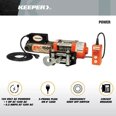 Electric Winch 1500 Lb Capacity With Remote Control, 110/120V AC Power, includes handheld controller and mounting kit