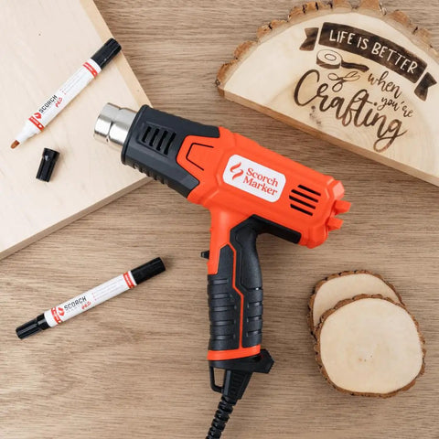 Powerful 1500 Watt Heat Gun for Crafting and Wood Burning, Dual Temperature, two speed settings, fine tip nozzle on table