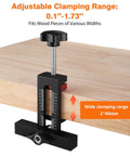 Cabinet Door Mounting Jig With Adjustable Positioner And Drill Jig 2-In-1 Cabinet Hardware Tool shown clamped to wood