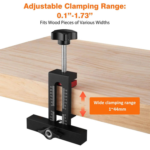 Cabinet Door Mounting Jig With Adjustable Positioner And Drill Jig 2-In-1 Cabinet Hardware Tool shown clamped to wood