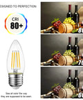 B11 LED Filament Bulb With E26 Medium Base 2700K Warm White Glow, CRI 80+ color comparison with grapes and wine bottles