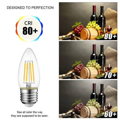 B11 LED Filament Bulb With E26 Medium Base 2700K Warm White Glow, CRI 80+ color comparison with grapes and wine bottles