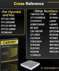Image showing cross-reference guide for activated carbon cabin air filter for Hyundai Kia Genesis cars with dimensions.