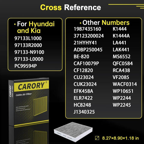 Image showing cross-reference guide for activated carbon cabin air filter for Hyundai Kia Genesis cars with dimensions.